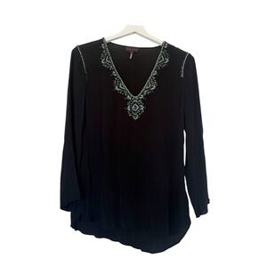 Hale Bob Beaded Blouse V-Neck Turquoise Green Long Sleeve Top Size Large